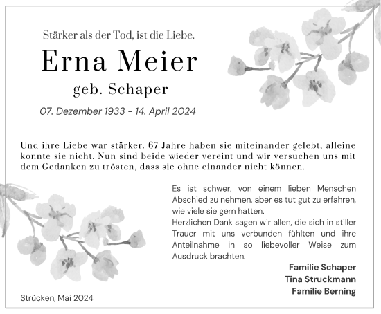 Traueranzeige von Erna Meier von Schaumburger Nachrichten und Schaumburger Zeitung/ Landes-Zeitung