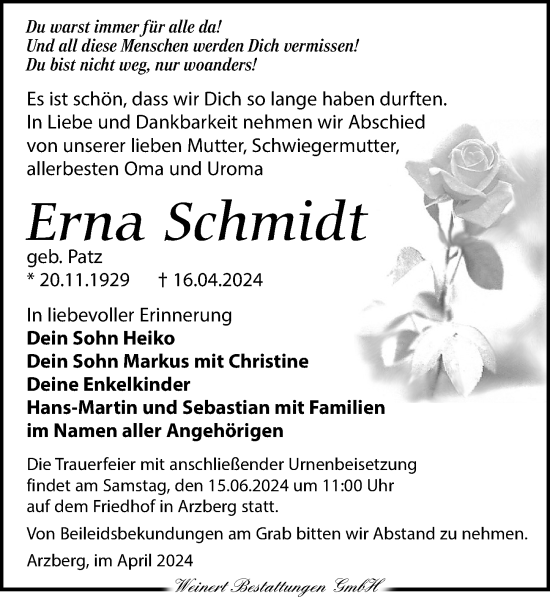 Traueranzeige von Erna Schmidt von Torgauer Zeitung