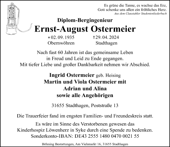 Traueranzeige von Ernst-August Ostermeier von Schaumburger Nachrichten