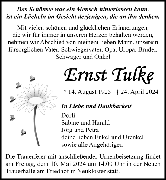 Traueranzeige von Ernst Tulke von Ostsee-Zeitung GmbH