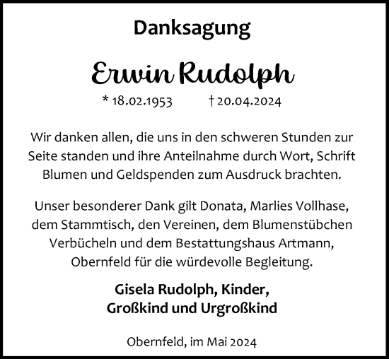 Traueranzeige von Erwin Rudolph von Eichsfelder Tageblatt