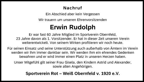 Traueranzeige von Erwin Rudolph von Eichsfelder Tageblatt
