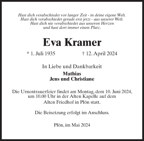 Traueranzeige von Eva Kramer von Kieler Nachrichten