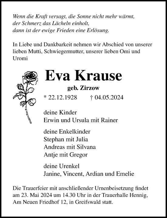 Traueranzeige von Eva Krause von Ostsee-Zeitung GmbH