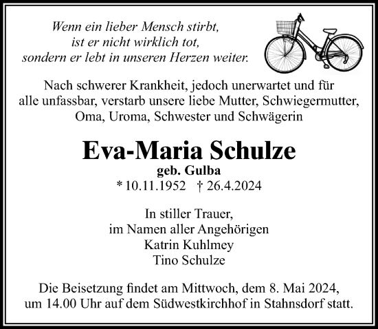 Traueranzeige von Eva-Maria Schulze von Märkischen Allgemeine Zeitung