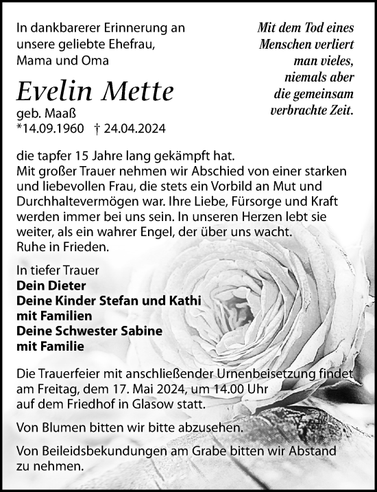 Traueranzeige von Evelin Mette von Märkischen Allgemeine Zeitung