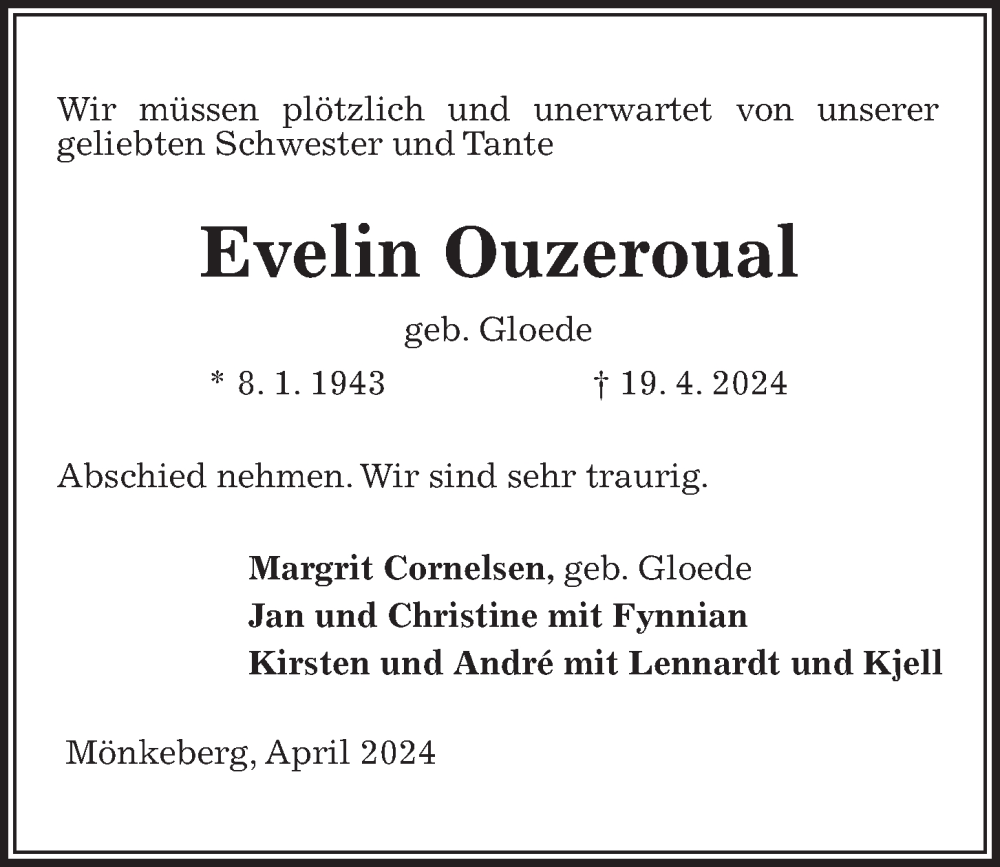  Traueranzeige für Evelin Ouzeroual vom 04.05.2024 aus Kieler Nachrichten