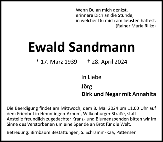 Traueranzeige von Ewald Sandmann von Hannoversche Allgemeine Zeitung/Neue Presse