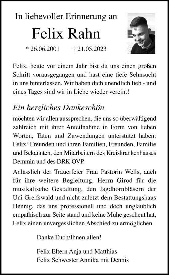 Traueranzeige von Felix Rahn von Ostsee-Zeitung GmbH