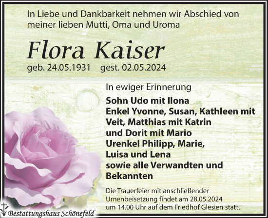 Traueranzeige von Flora Kaiser von Leipziger Volkszeitung