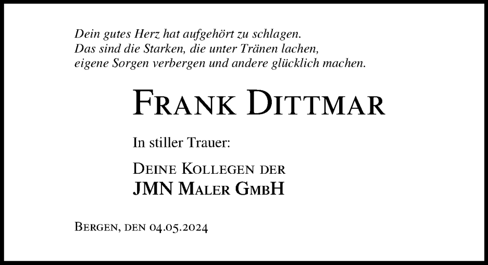  Traueranzeige für Frank Dittmar vom 04.05.2024 aus Ostsee-Zeitung GmbH
