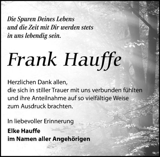 Traueranzeige von Frank Hauffe von Torgauer Zeitung