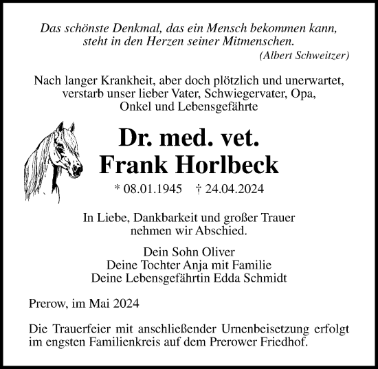 Traueranzeige von Frank Horlbeck von Ostsee-Zeitung GmbH
