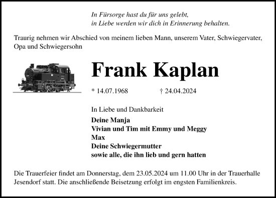 Traueranzeige von Frank Kaplan von Ostsee-Zeitung GmbH