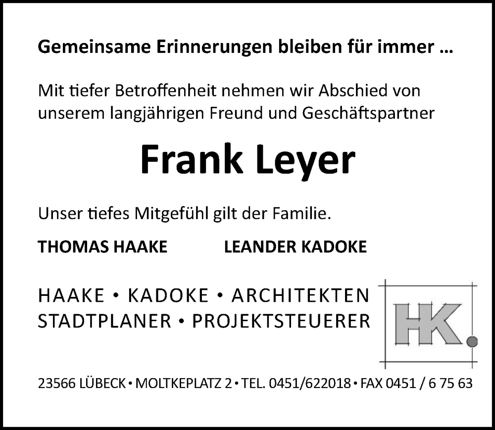  Traueranzeige für Frank Leyer vom 26.05.2024 aus Lübecker Nachrichten