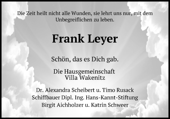 Traueranzeige von Frank Leyer von Lübecker Nachrichten