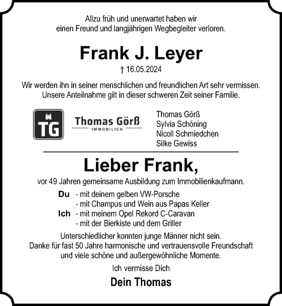 Traueranzeige von Frank Leyer von Lübecker Nachrichten