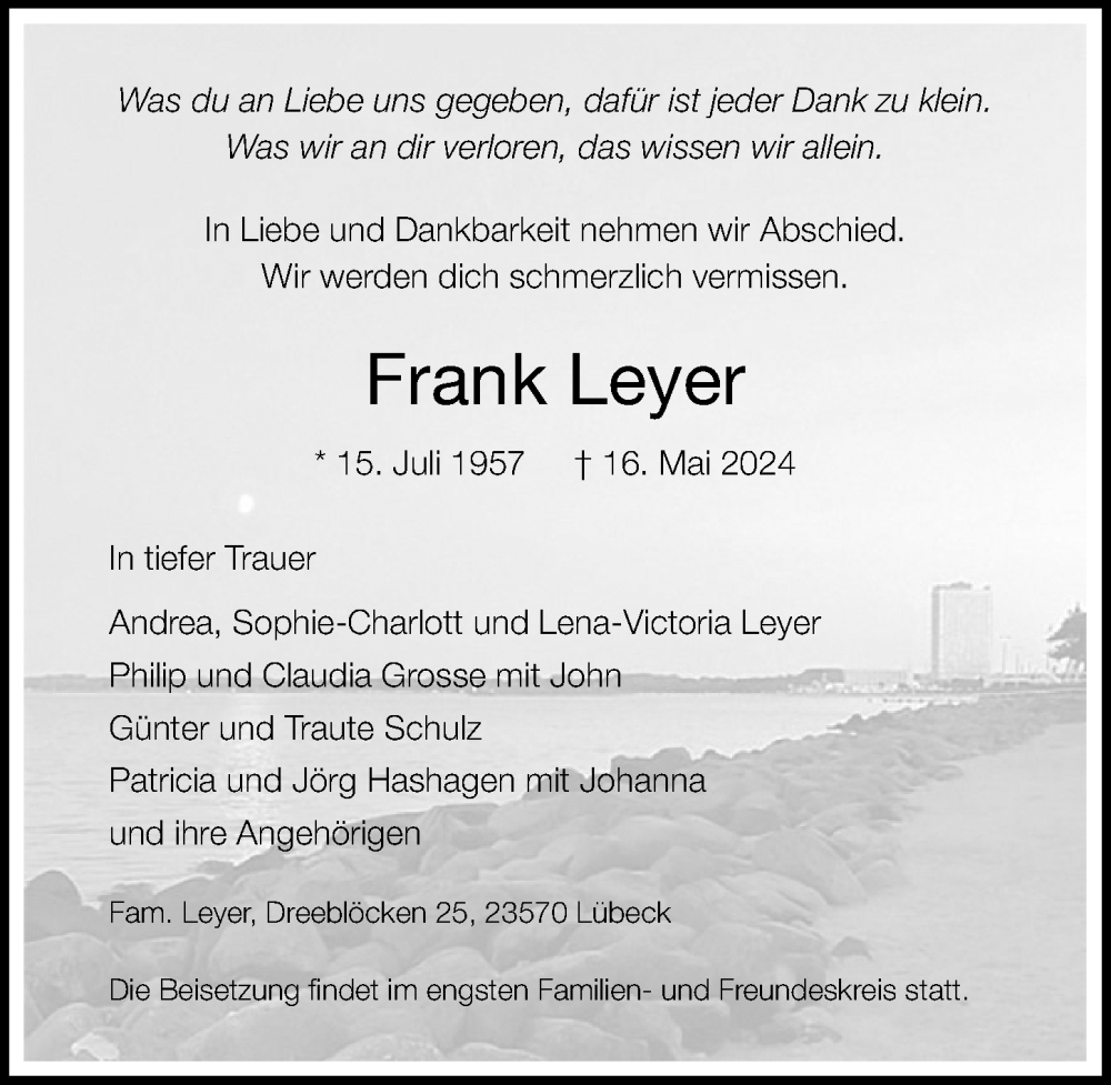  Traueranzeige für Frank Leyer vom 26.05.2024 aus Lübecker Nachrichten