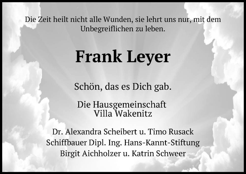  Traueranzeige für Frank Leyer vom 26.05.2024 aus Lübecker Nachrichten