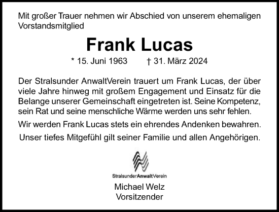 Traueranzeige von Frank Lucas von Ostsee-Zeitung GmbH