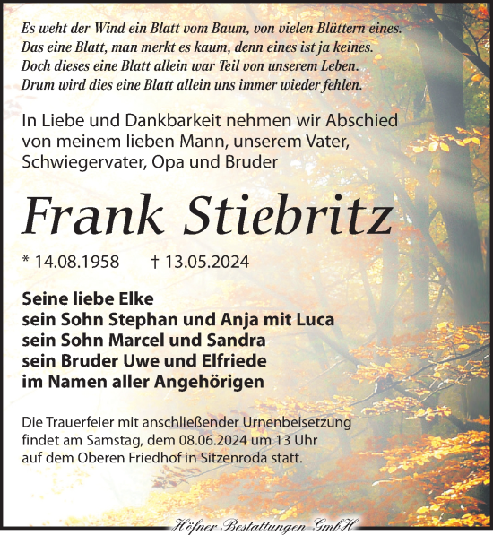 Traueranzeige von Frank Stiebritz von Torgauer Zeitung