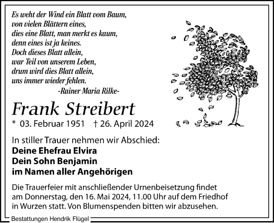 Traueranzeige von Frank Streibert von Leipziger Volkszeitung