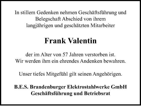 Traueranzeige von Frank Valentin von Märkischen Allgemeine Zeitung