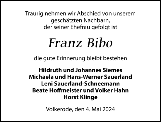 Traueranzeige von Franz Bibo von Göttinger Tageblatt