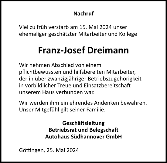 Traueranzeige von Franz-Josef Dreimann von Göttinger Tageblatt