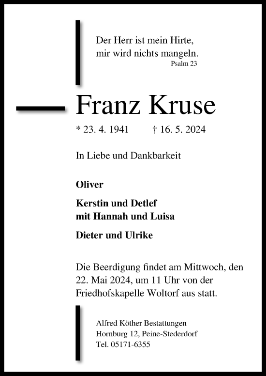 Traueranzeige von Franz Kruse von Peiner Allgemeine Zeitung