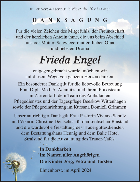 Traueranzeige von Frieda Engel von Ostsee-Zeitung GmbH