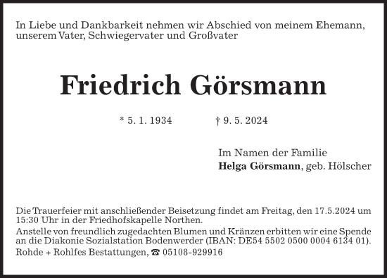 Traueranzeige von Friedrich Görsmann von Hannoversche Allgemeine Zeitung/Neue Presse