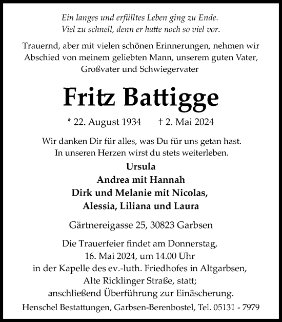 Traueranzeige von Fritz Battigge von Hannoversche Allgemeine Zeitung/Neue Presse