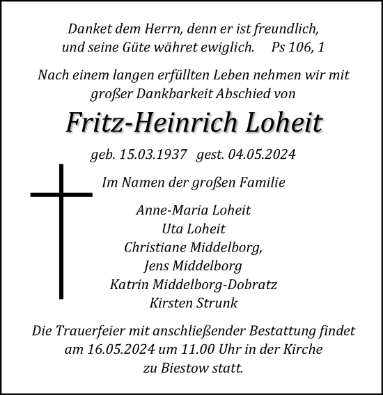 Traueranzeige von Fritz-Heinrich Loheit von Ostsee-Zeitung GmbH