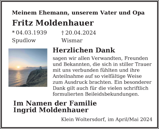 Traueranzeige von Fritz Moldenhauer von Ostsee-Zeitung GmbH