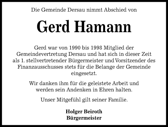 Traueranzeige von Gerd Hamann von Kieler Nachrichten