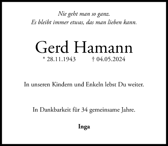 Traueranzeige von Gerd Hamann von Kieler Nachrichten