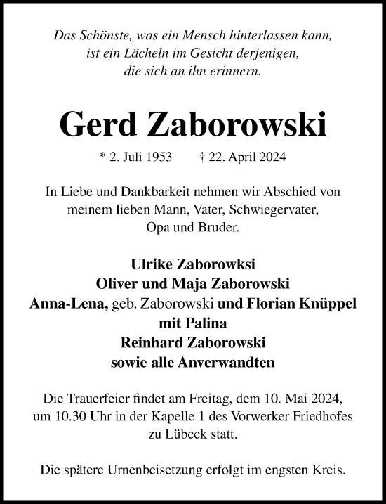 Traueranzeige von Gerd Zaborowski von Lübecker Nachrichten