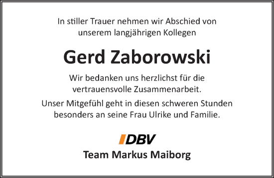 Traueranzeige von Gerd Zaborowski von Lübecker Nachrichten