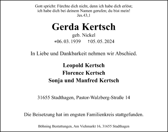 Traueranzeige von Gerda Kertsch von Schaumburger Nachrichten