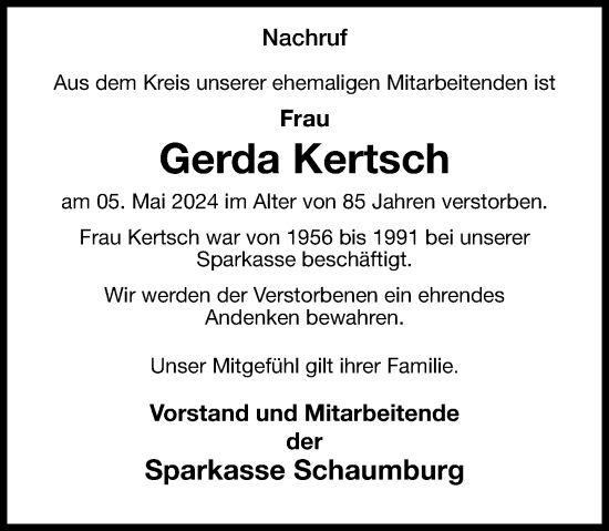 Traueranzeige von Gerda Kertsch von Schaumburger Nachrichten und Schaumburger Zeitung/ Landes-Zeitung