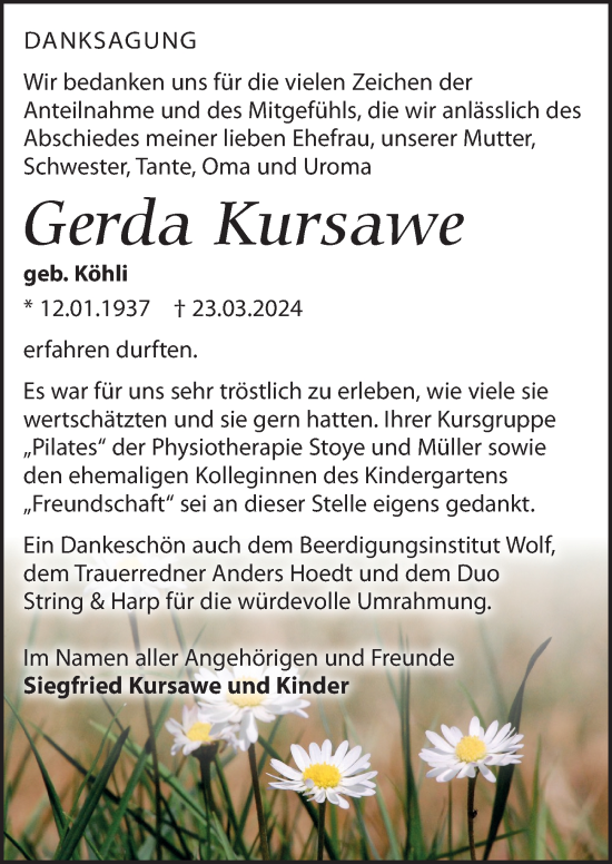 Traueranzeige von Gerda Kursawe von Leipziger Volkszeitung