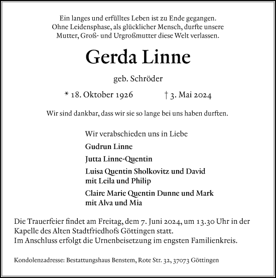 Traueranzeige von Gerda Linne von Göttinger Tageblatt