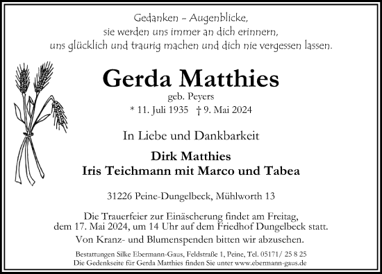 Traueranzeige von Gerda Matthies von Peiner Allgemeine Zeitung