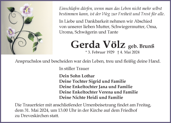 Traueranzeige von Gerda Völz von Ostsee-Zeitung GmbH