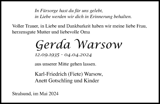 Traueranzeige von Gerda Warsow von Ostsee-Zeitung GmbH