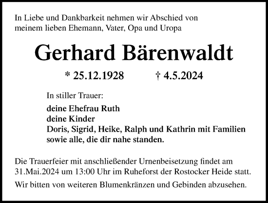 Traueranzeige von Gerhard Bärenwaldt von Ostsee-Zeitung GmbH