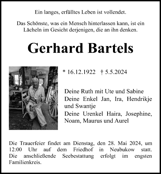 Traueranzeige von Gerhard Bartels von Ostsee-Zeitung GmbH