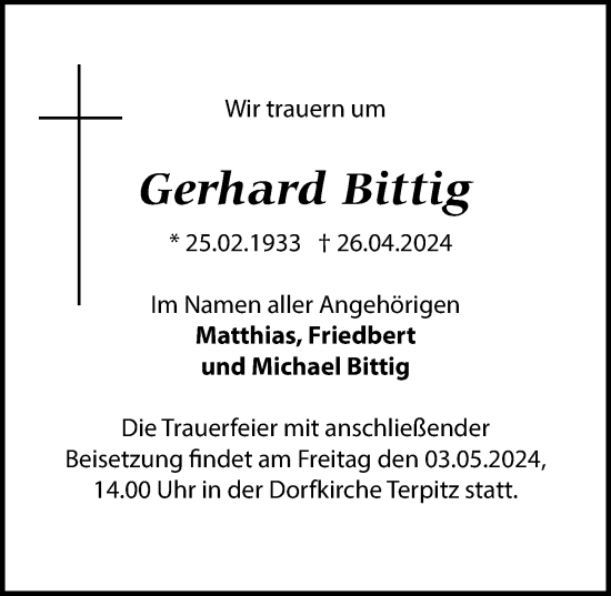 Traueranzeige von Gerhard Bittig von Leipziger Volkszeitung