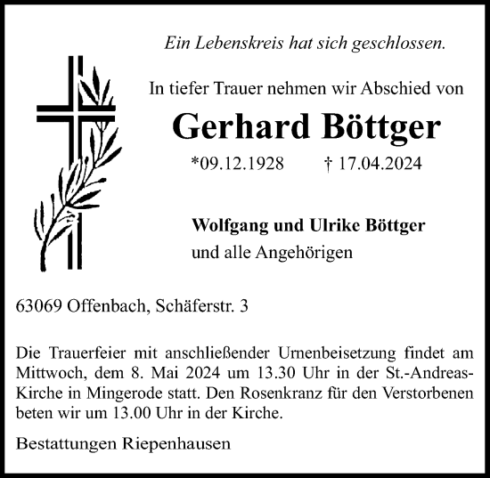 Traueranzeige von Gerhard Böttger von Eichsfelder Tageblatt